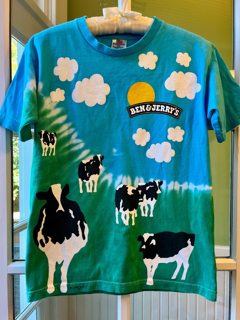 Ben & Jerry's Women's Short Sleeve Cow Tee in Turquoise Blue & Grass Green Vint